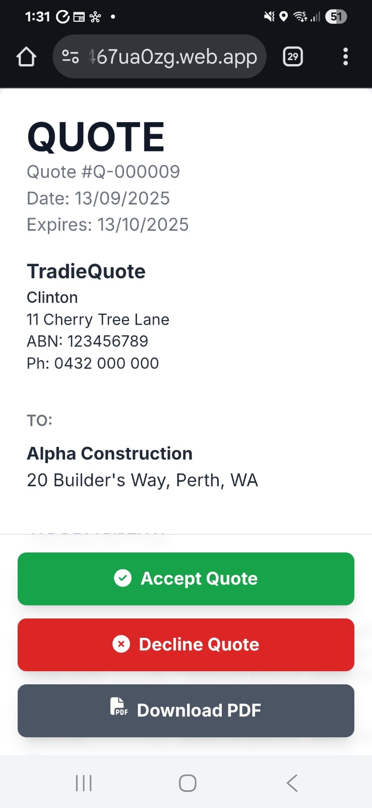 A client accepting a quote online.